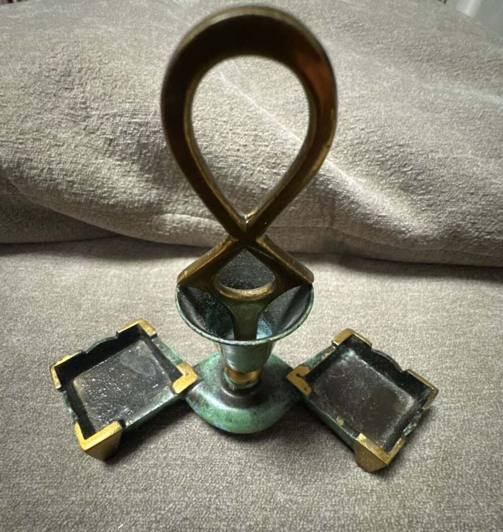 Vintage Mid-Century Modern Brass and Verdigris Double Ashtray Stand Made in Isra